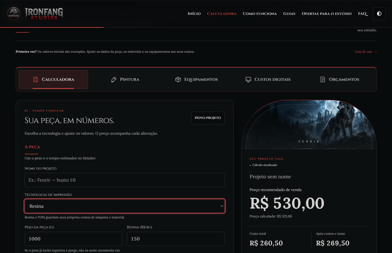 Tela da calculadora Ironfang Studios com campos de custos de impressão 3D e resumo do preço de venda