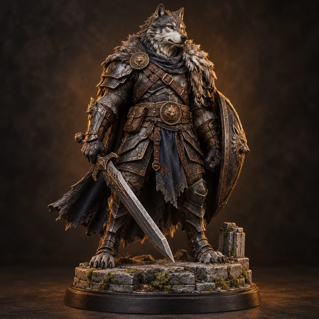 Figura colecionável ilustrativa: guardião lupino em armadura